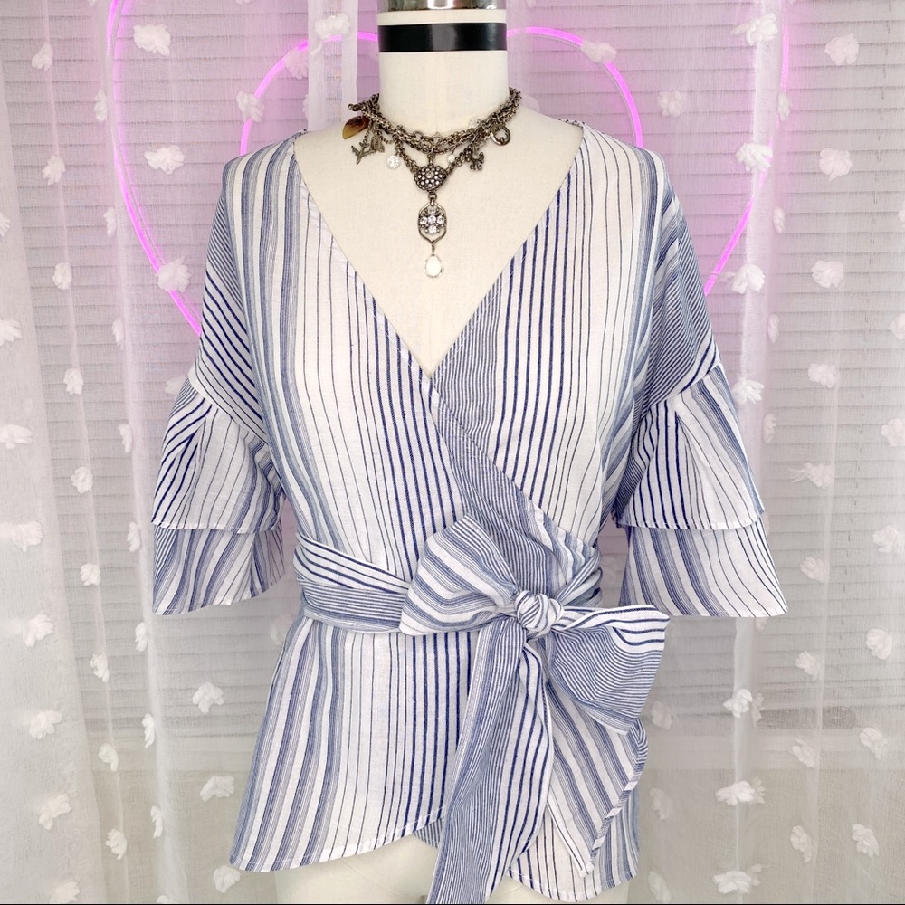 Striped Tiered Sleeve Wrap Top
